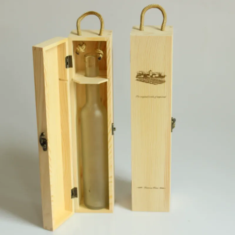 Custom Wooden Ice Wine Box with Hinged Lid and Rope Handle - 1/2/6 Bottle - Image 1