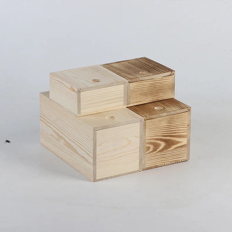 Sliding Lid Wooden Storage Boxes — Unfinished and charred finish