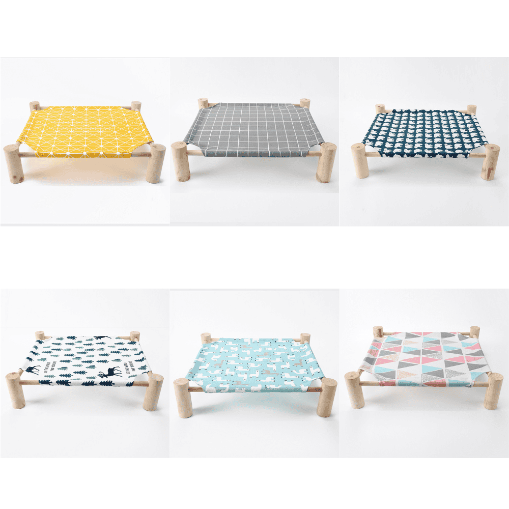 Wooden Elevated Cat Bed with Printed Fabric