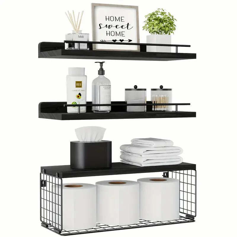 Wall-Mounted Floating Shelves with Metal Basket