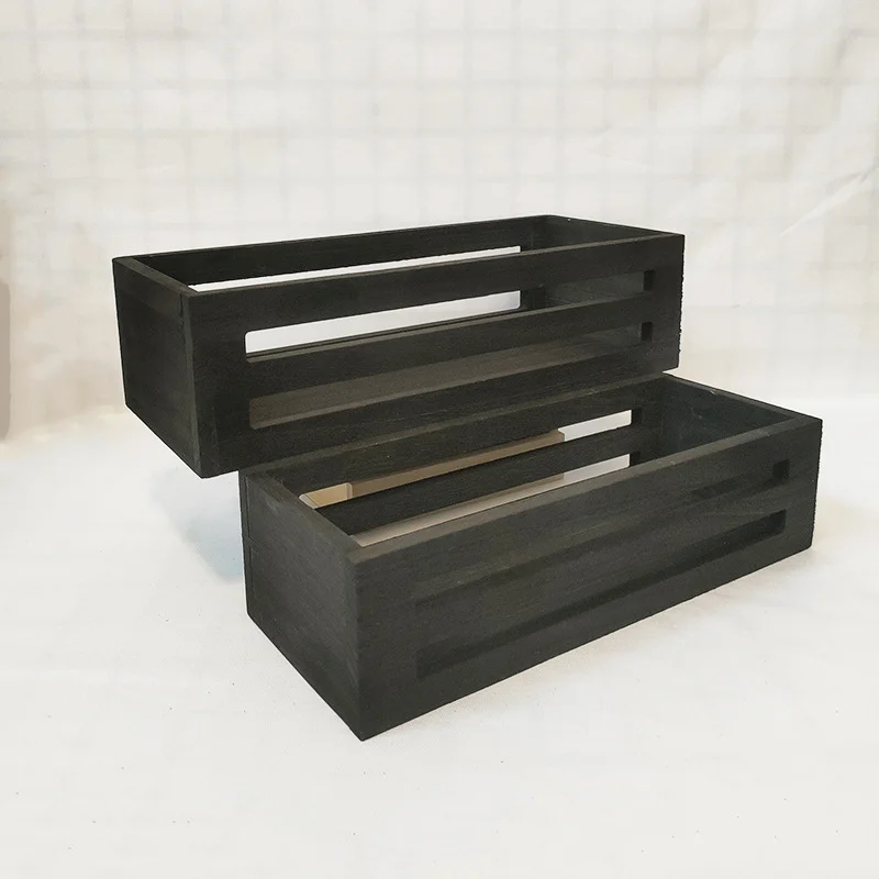 Rectangular Black Wooden Crate with Cut-Out Slats