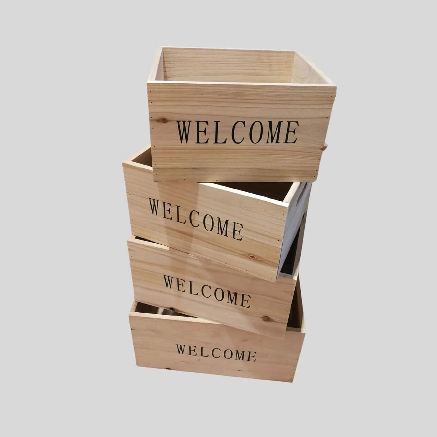 Natural Wooden Crate with Welcome Print for Retail Display and Commercial Storage