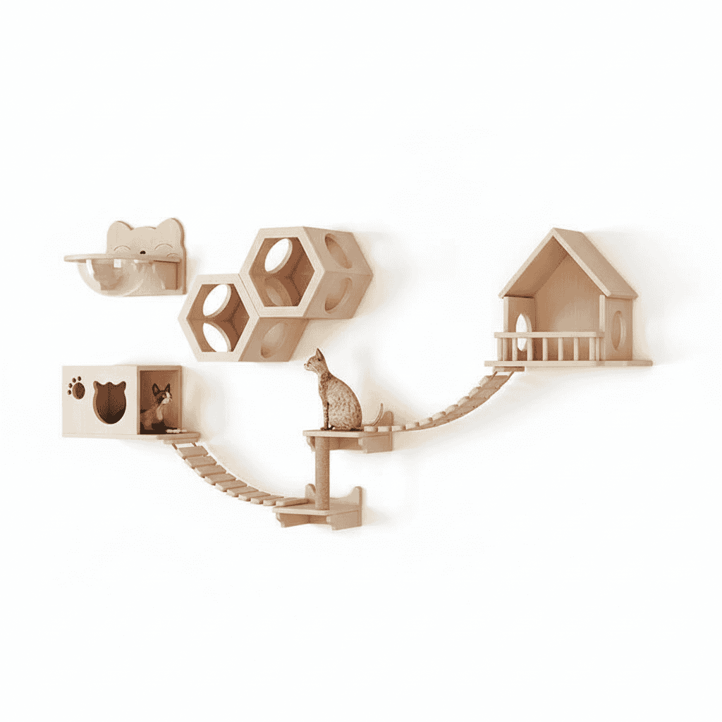 Premium Wall Mounted Cat Climbing System with Scratcher, Perches, and House – Integrated Cat Wall Furniture