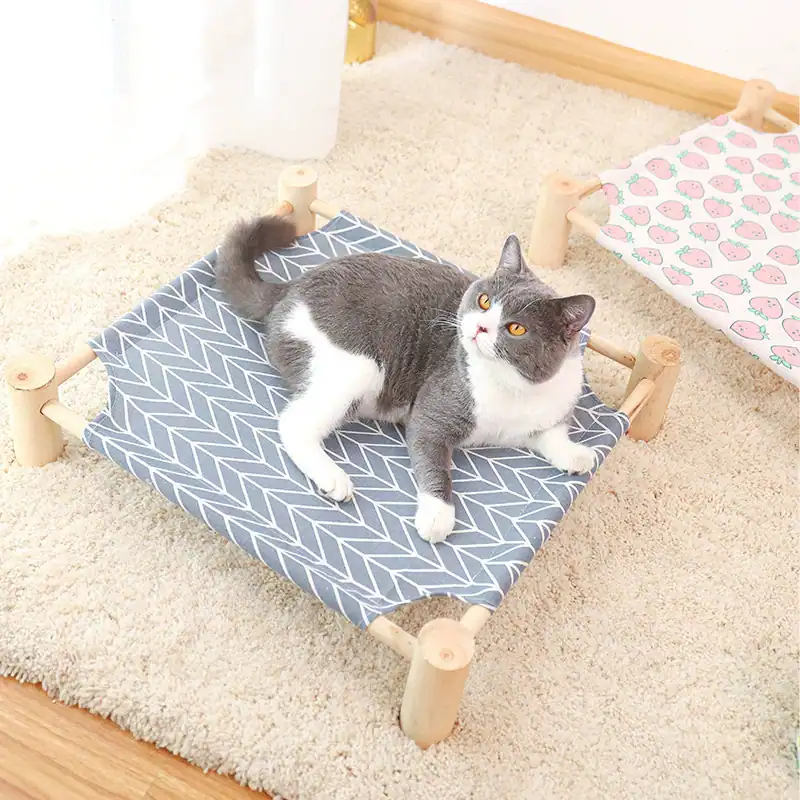 Summer Wooden Cat Cot Bed with Washable Linen Pad – Elevated, Stable, and Breathable Pet Rest