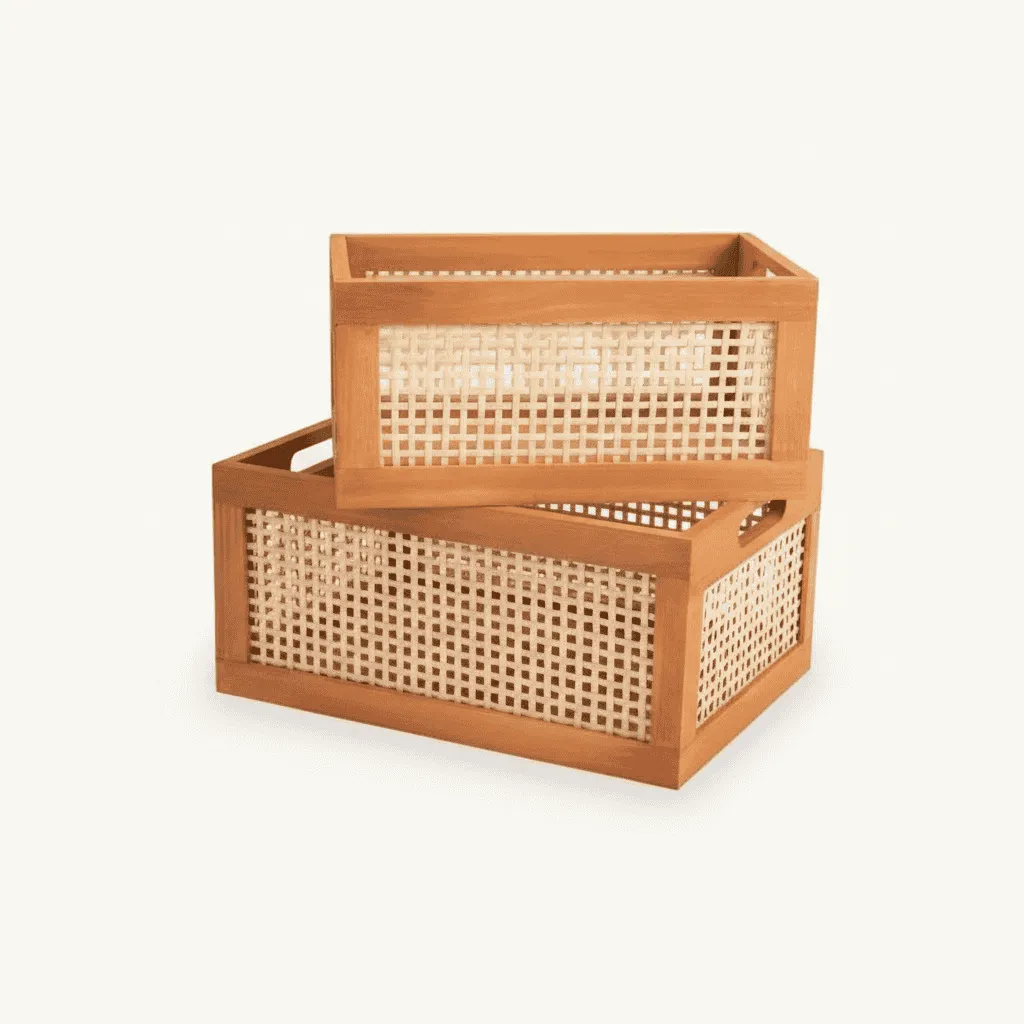 Japanese Style Wooden Cane Storage Crate | Retro Rectangular Organizer Box