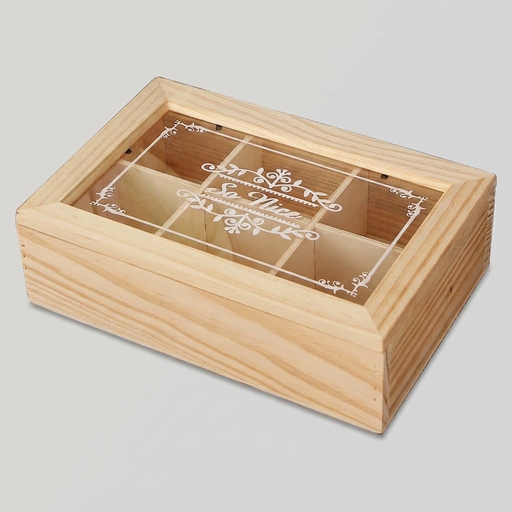 Bespoke 6 Compartment Wooden Storage Box with Acrylic Lid | OEM Manufacturer