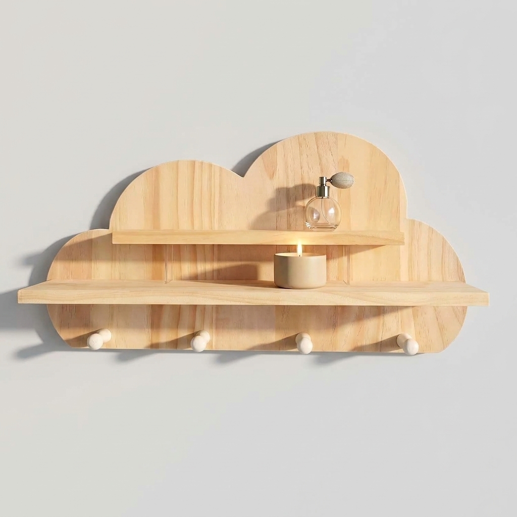 Wholesale Wooden Cloud Wall Shelf with Hooks | OEM Manufacturer