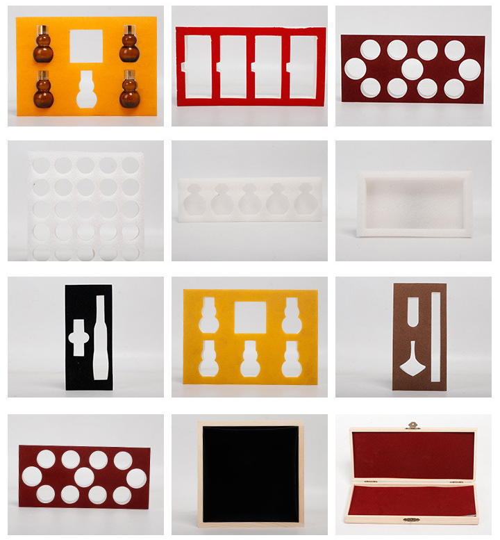 Product customization collage showing twelve examples of custom foam inserts and interior lining options for wooden boxes — foam inserts in yellow, red, brown, white, and black with custom-cut shapes including bottle outlines, round holes, rectangular compartments, and tool-shaped openings, plus black velvet-lined and red velvet-lined hinged wooden box interiors